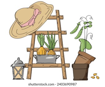 Hand-Drawn Ladder, Hat, And Pots With Seedlings Make Up A Garden Illustration