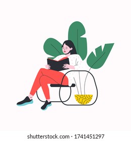Hand-drawn lady is sitting and reading a book. Flat vector illustration.