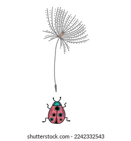 A hand-drawn ladybug with a dandelion. Design elements for Valentines Day. Vector illustration