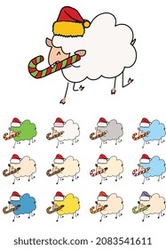 hand-drawn lamb in santa hat and teeth holding a stick candy fun jumping new year christmas happy different colors bright color color combinations set on transparent background vector graphics