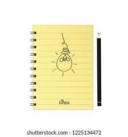 Hand-drawn lamp on yellow notepad with pencil. Vector on wooden background. Idea for business