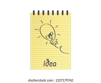 Hand-drawn lamp on yellow notepad with pencil. Vector on white background. Idea for business