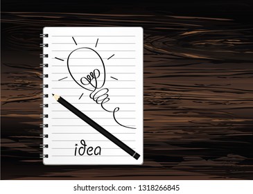 Hand-drawn lamp on yellow notepad with pencil. Vector on wooden background. Idea for business