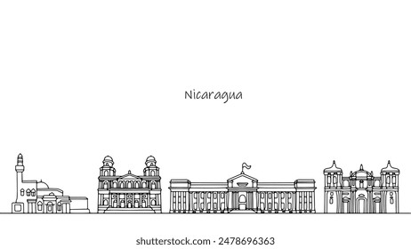 Handgezeichnete Wahrzeichen von Nicaragua. Schöne Architektur des großen amerikanischen Landes. Soziale und kulturelle Gebäude. Vektorillustration.