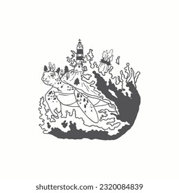 Handdrawn landscape illustration, Nature artwork, Mountains, Drawing, Nature design, Tattoo handdrawn, Turtle illustration, Lighthouse