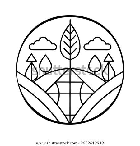 Handdrawn a landscape with trees clouds geometric shapes inside a circle graphic