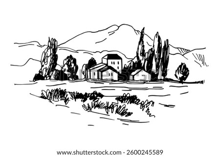 Hand-drawn landscape of Tuscany. Vector sketch  illustration.