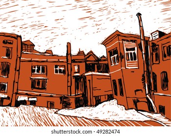 The hand-drawn landscape: urban yard with snow and old red brick buildings. The style of drawing like a linocut. Color vector illustration.