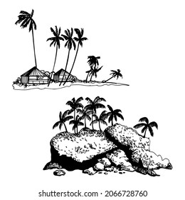 Paisajes hechos a mano con palmeras. Ilustración de esbozo del vector.