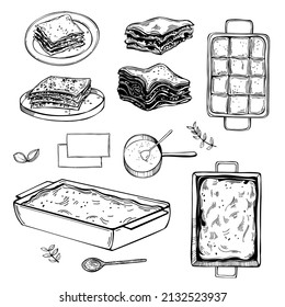 Hand-drawn lasagna set. Vector sketch illustration.