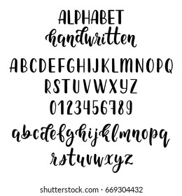 Handdrawn latin calligraphy brush script with numbers and symbols. Calligraphic alphabet. Vector illustration