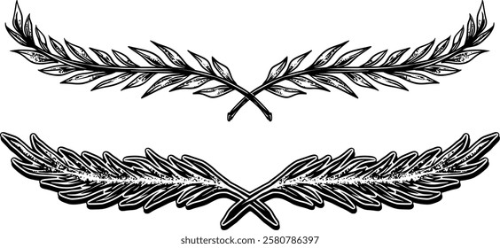 Hand-drawn laurel branch illustration in a flat horizontal layout, perfect for logos, certificates, classic designs, apparel, and decorative graphic elements.