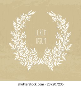 Handdrawn laurel on texturized background. Floral clip art vector element with copyspace. Invitation, save the date, card design element. 