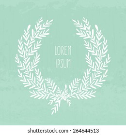 Handdrawn laurel on texturized background. Floral clip art vector element with copyspace. Invitation, save the date, card design element. 