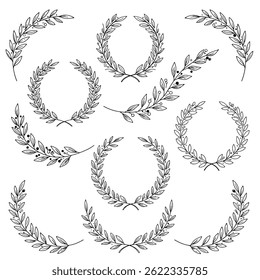  Hand-Drawn Laurel Wreath and Leaf Branch Collection - Black and White Vector Set