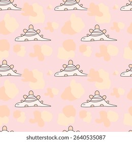 Hand-drawn lazy dinosaur on a light pink background. Seamless pattern is animal for clothing, fabric, wallpaper, backdrop, home decoration, cover book, and wall art. 