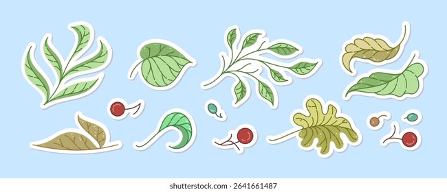Hand-drawn leaf and berry stickers autumn botanical vector set for bullet journals and digital planners