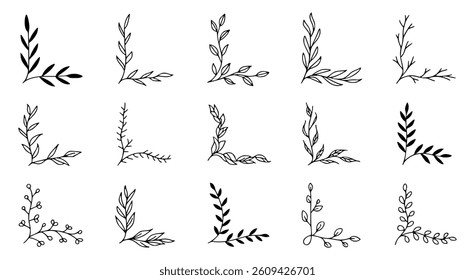 Hand-Drawn Leaf and Floral Branch Corner Set