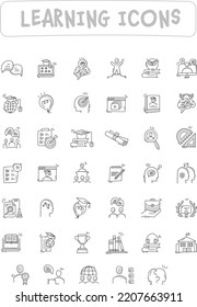 Hand-drawn learning icons convey the essence of education in a unique and artistic style, adding a touch of creativity.