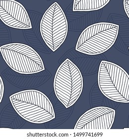 Hand-drawn leaves  in doodle style on a dark blue background. Design for fashion, fabric, wallpaper and all prints. 