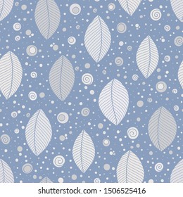 Hand-drawn leaves  in doodle style on a dark blue background. Design for fashion, fabric, wallpaper and all prints. 