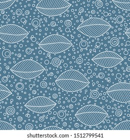 Hand-drawn leaves  in doodle style on a dark blue background. Design for fashion, fabric, wallpaper and all prints. 