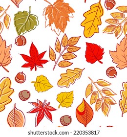 Hand-drawn leaves doodles seamless. Vector.