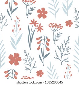 Handdrawn leaves house and wildflowers. Wild flowers in a modern style. Seamless pattern for home decor and textile.