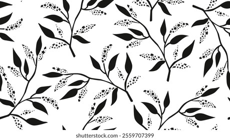Hand-Drawn Leaves Seamless Pattern. Modern Seamless Texture with Leaf Branch Ornament. Vector Trendy Background for Fashionable Surface Design, Textile, Fabric, Prints.