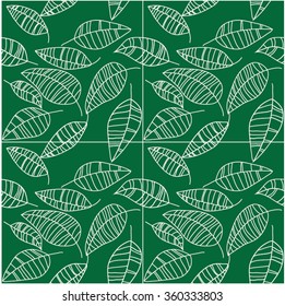 Hand-drawn leaves . White on green background