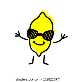 Hand-drawn lemon with arms, legs and a smile.