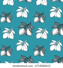 Hand-Drawn Lemon Illustration Pattern on blue backgroundfor Aprons, Tablecloths, Greeting Cards, and Minimalist Packaging Designs