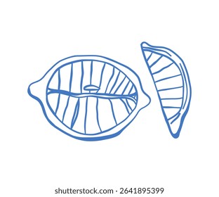 Hand-drawn lemon slices in blue line art style with Mediterranean aesthetic. Simple sketch of whole and cut citrus fruit, perfect for packaging, cafe menus, or summer-themed projects.