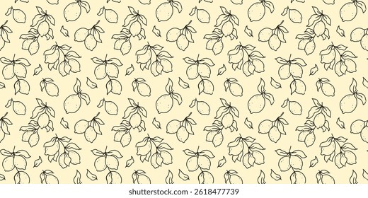 Hand-drawn lemon vector seamless pattern. Edible color and transparent background. Italian and Mediterranean La Dolce Vita summer style. Good for cards, banner, textiles, wallpapers, packaging, poster