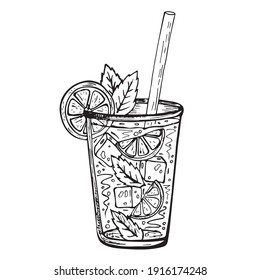 Hand-drawn 
lemonade vector Sketch Illustration. Glass of mojito with straws, ice, lime and mint. Cartoon black and white outline. Doodle art style. On a white background.
