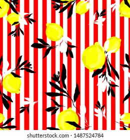 Hand-drawn lemons and leaves on a striped red-white background. Vector illustration. Pattern seamless. Colourful fun fruity print.
