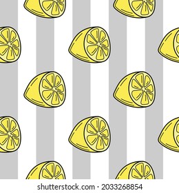 Hand-drawn lemons on a striped seamless background. Cartoon bright background for packaging, menu, textiles. Colorful wallpaper vector