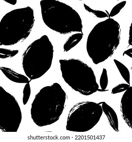 Hand-drawn lemons silhouettes seamless pattern. Black grunge lemons. Decorative background with citrus fruits hand-drawn with a dry brush. Summer textile design. Simple sketch fruits with leaves.