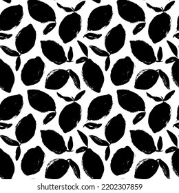 Hand-drawn lemons silhouettes seamless pattern. Black grunge lemons. Decorative background with citrus fruits hand-drawn with a dry brush. Summer textile design. Simple sketch fruits with leaves.