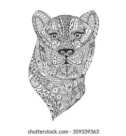 Hand-drawn leopard with ethnic floral pattern. Coloring page - zendala, design for spiritual relaxation for adults, vector illustration, isolated on a white background. Zen doodles.