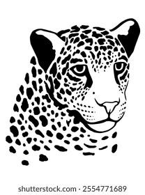 Hand-drawn leopard face in bold black and white stylized design on a white background