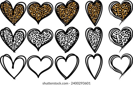 Hand-Drawn Leopard Hearts , Cheetah Double Heart Vector Designs