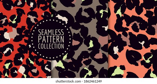 Hand-drawn leopard spots seamless pattern set in vector
