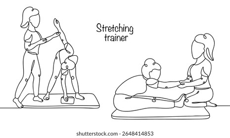 Aula desenhada à mão com um treinador de alongamento. O treinador ajuda a menina a realizar corretamente exercícios destinados a desenvolver a flexibilidade, melhorar a mobilidade articular e fortalecer o espartilho muscular.