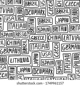 Hand-drawn lettering as a background. Countries: USA, Russia, Czech Republic, China, Lithuania, Latvia, Japan, Germany, Spain, Britain, Italy, Poland, Brazil, Greece. Illustration of the inscription