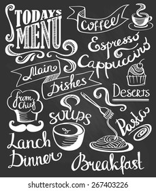 hand-drawn lettering. Cake, pasta, soup, coffee. Cute logos.