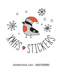 Hand-drawn lettering "Christmas stickers" with snowflakes.