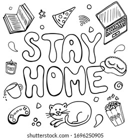 Hand-drawn lettering in doodle style. Linear illustration. Stay home vector image.
