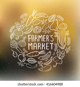 Handdrawn lettering element on blurred background. Farm products label created with grunge effect. Unique design for ads, signboards, packaging and identity and web designs.Vector art. Farmers market.