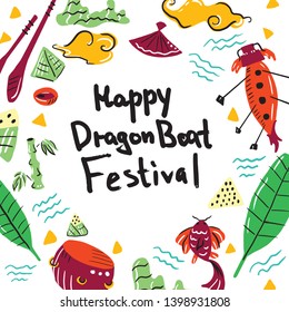 Handdrawn lettering: happy dragon boat festival quote. Flat design - rice dumplings, bamboo, chopsticks, koi fish, leaves, drum, waves, clouds and fan. Chinese holiday illustration. Scandinavian style